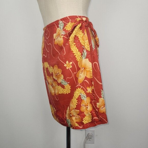 Tommy Bahama Silk Wrap Skirt M Red Hibiscus Floral Mini Hawaiian Lei Aloha Beach - Picture 2 of 9